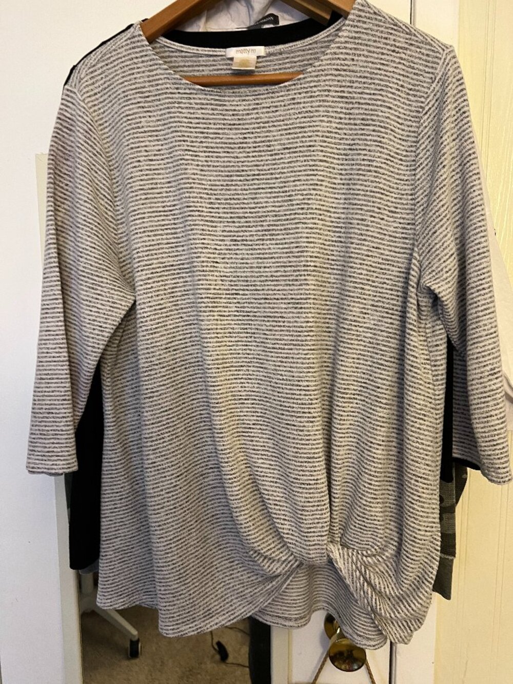 Matty M Gray Black Stripe Ruched Long Sleeve Top XL